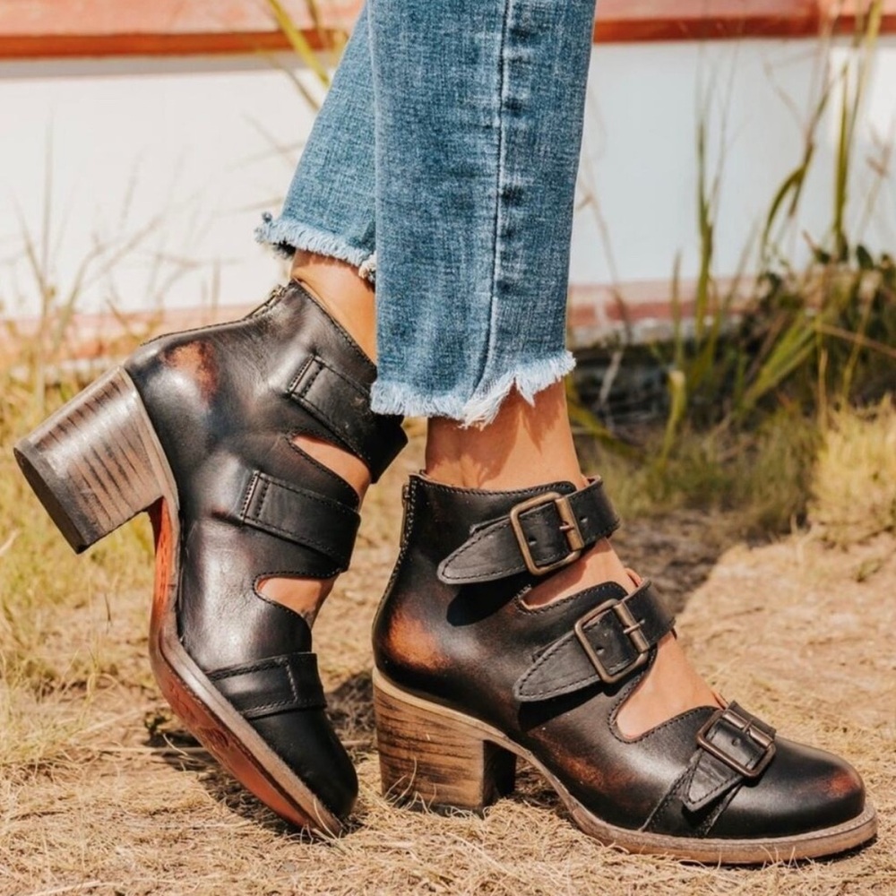 Freebird by Steven Charlotte Black Brown Cutout Buckle Heeled Boots